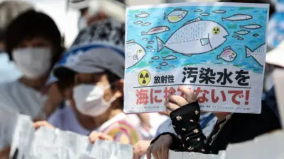 日本东京总理官邸外一位老妇举起反对排放福岛核废水标语请愿（10/7/2023）