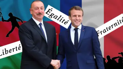 Президенты Азербайджана и Франции Ильхам Алиев (слева) и Эммануэль Макрон