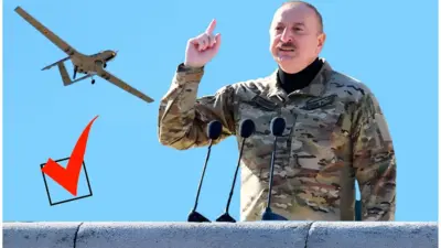 Коллаж - Ильхам Алиев выступает в военной форме на фоне пролетающего Байрактара