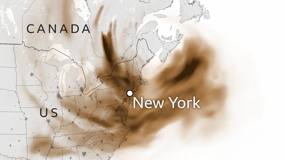 Satellite map showing smoke covering New York