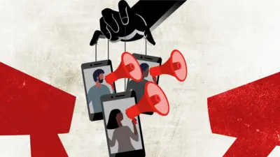 Illustration showing hand holding strings acting as puppeteer over three mobile phones, which contain a person using a speaker phone to symbolise influencers.