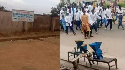 Collage of school gate and di students dey protest