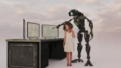 صورة تعبيرية لرجل آلي وفتاة صغيرة