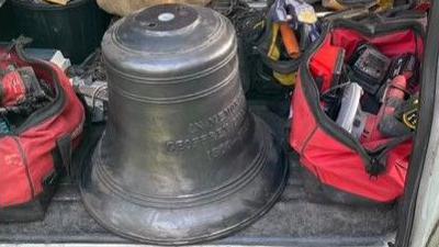 The new church bell in a van ready to be installed