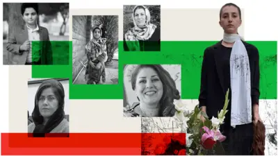 Composite image of victims of the Iran protests and Roya Piraei one of victims' daughters