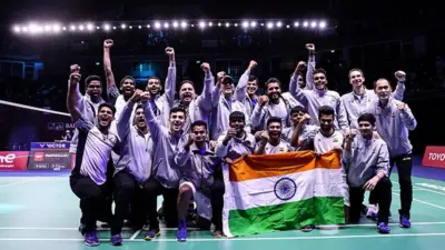 Team India poses for a group photo after victory over Team Indonesia during day eight of the BWF Thomas and Uber Cup Finals at Impact Arena on May 15, 2022 in Bangkok, Thailand