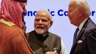 Saudi Arabia's Crown Prince and Prime Minister Mohammed bin Salman (L), India's Prime Minister Narendra Modi (C) and US President Joe Biden attend a session as part of the G20 Leaders' Summit at the Bharat Mandapam in New Delhi on September 9, 2023. (Photo by Ludovic MARIN / POOL / AFP) (Photo by LUDOVIC MARIN/POOL/AFP via Getty Images)