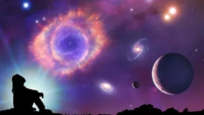 Une image contenant une personne regardant les planètes et les étoiles
