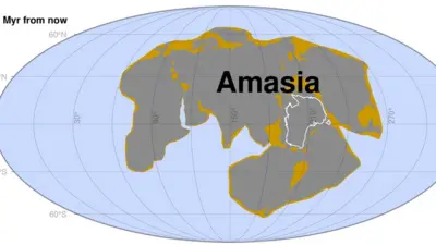 แผนที่จำลองรูปทรงและตำแหน่งของมหาทวีปอามาเซีย ซึ่งจะเกิดขึ้นใน 280 ล้านปีข้างหน้า