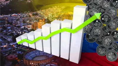 Grafismo con línea ascendente sobre una panorámica urbana.