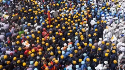 Port trade unions and Dockyard trade unions protest in front of Port authority, They demand to government cut unfair taxes in there salaries in Colombo, Sri Lanka on January 30, 2023