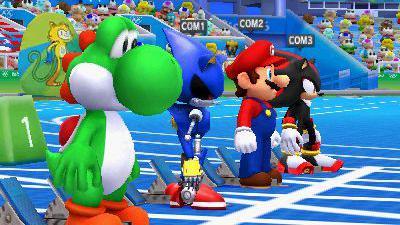 Characters Yoshi, Metal Sonic, Mario and Shadow line up at the starting blocks of a sky-blue race track in a screenshot from an older version of the game. The graphics have fuzzy edges and less detail, giving the image a retro feel.