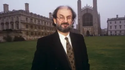 Salman Rushdie, outside King's College chapel in Cambridge in 1993