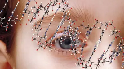 Ilustração de moléculas de DNA diante de olho de mulher