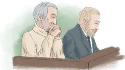 طرحی از حمید نوری و یکی از مقامات قضایی در جلسه دادگاه