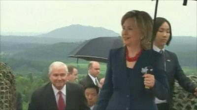 Hillary Clinton and Robert Gates in the Demilitarized Zone separating North and South Korea