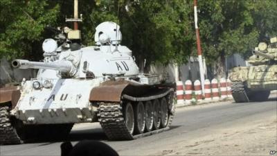 African Union tank on patrol in Somalia