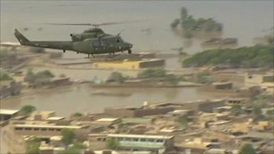 Helicopter above Pakistan floods