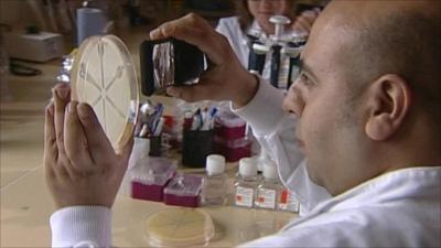 scientist looks through magnifying glass