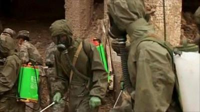 Troops carry out disinfection work