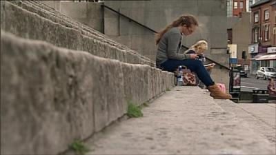 Students sitting on steps