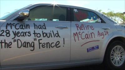 A car daubed in anti-McCain slogans