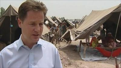 Nick Clegg in a flood relief camp in Sukkur