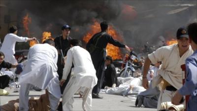 People rush for cover soon after an explosion during a Shiite procession in Quetta