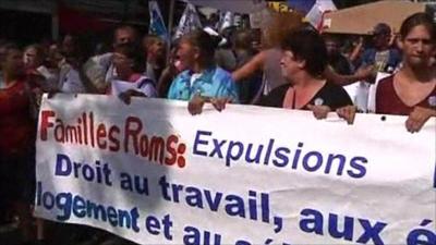 People in France protesting against the Roma deportations