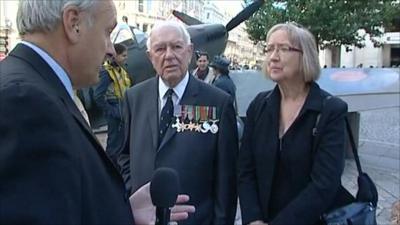 Robert Hall speaks to Wing Commander Bob Foster and Blitz survivor Elizabeth Allen