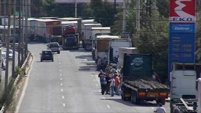 Trucks parked up along Greek motorway