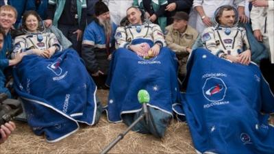 U.S. Astronaut Dyson and, Russian cosmonauts Skvortsov and Kornienko