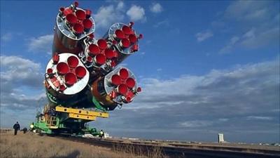 Soyuz rocket being rolled out to launch pad