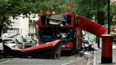 The number 30 double-decker bus that was destroyed by a bomb in Tavistock Square