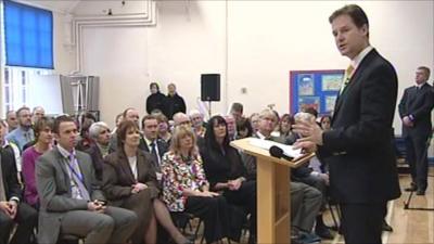 Nick Clegg gives speech at a school