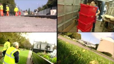 Four screens: Men in uniform outside, men in uniform clearing rubbish, an office worker moving plastic boxes, a patch of grass