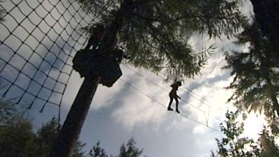 Person on rope assault course through trees