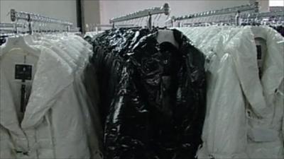 Coats inside a clothing factory