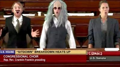 Scene from a Gregory Brothers video for Auto-Tune the news showing a scene from Congress