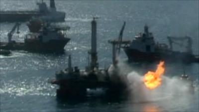 Deepwater Horizon oil rig on fire in April 2010