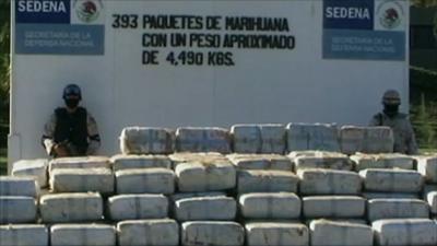 Mexican police with seized marijuana