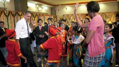 President Barack Obama and First Lady Michelle dance with Indian children