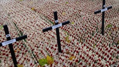 Poppies in the Field of Remembrance in the grounds of Westminster Abbey in London