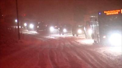 Traffic in heavy snow in South Wales