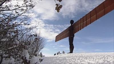 Angel of the North surrounded by snow