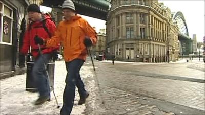 Employees walking to work