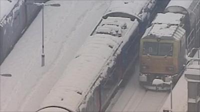 Trains covered in snow