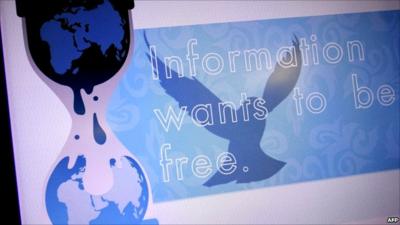 Wikileaks screensaver with motto "Information wants to be free"