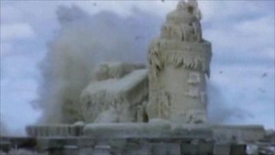 Lighthouse covered in ice