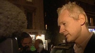 Julian Assange being interviewed after being released on bail